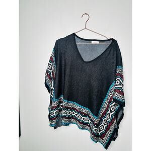 PRONTO Black Teal V-Neck Midwestern Fits Most Poncho Top One Size